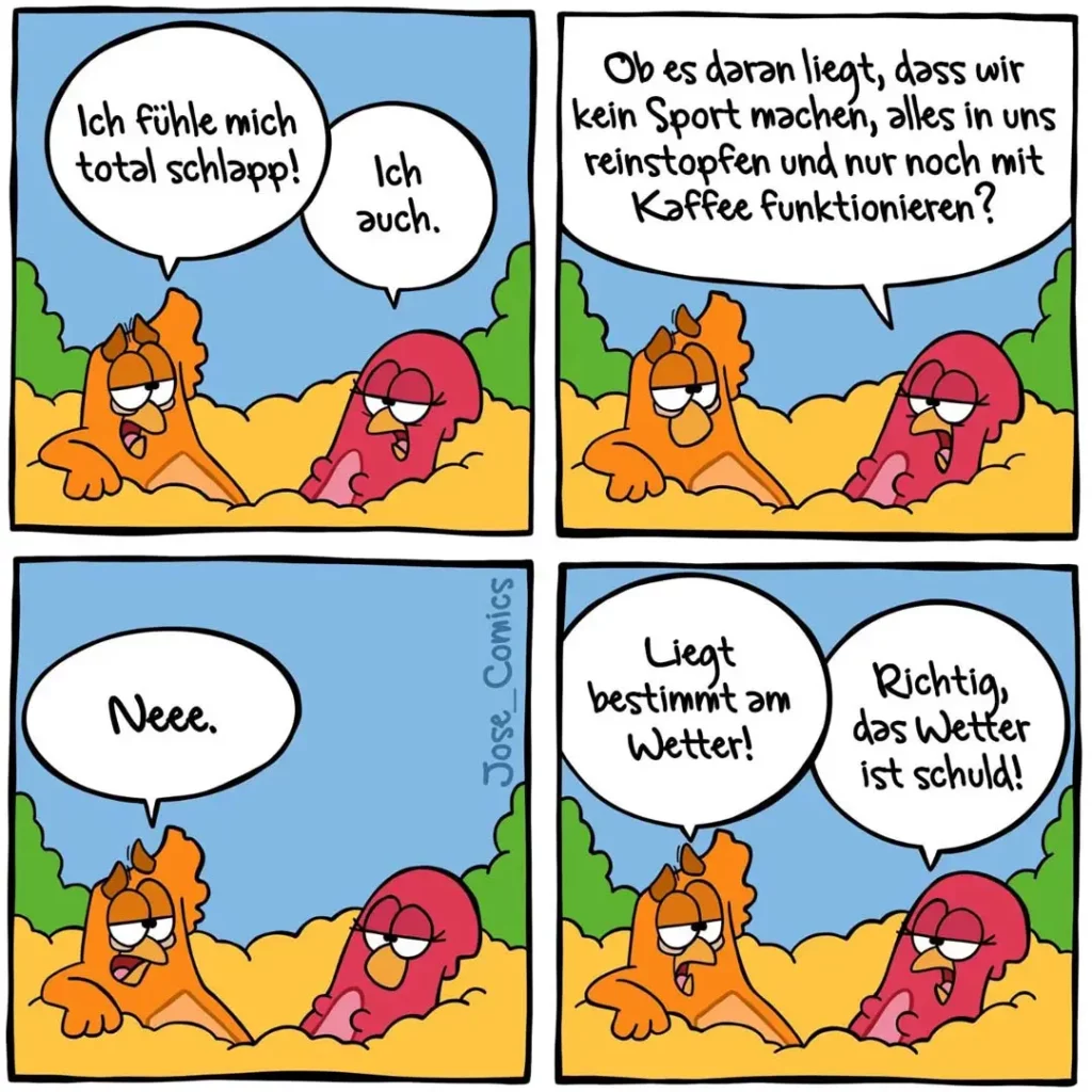 Zwei Starfische am Strand: einer erschöpft, der andere erklärt humorvoll, dass Kaffee ihre einzige Energiequelle ist