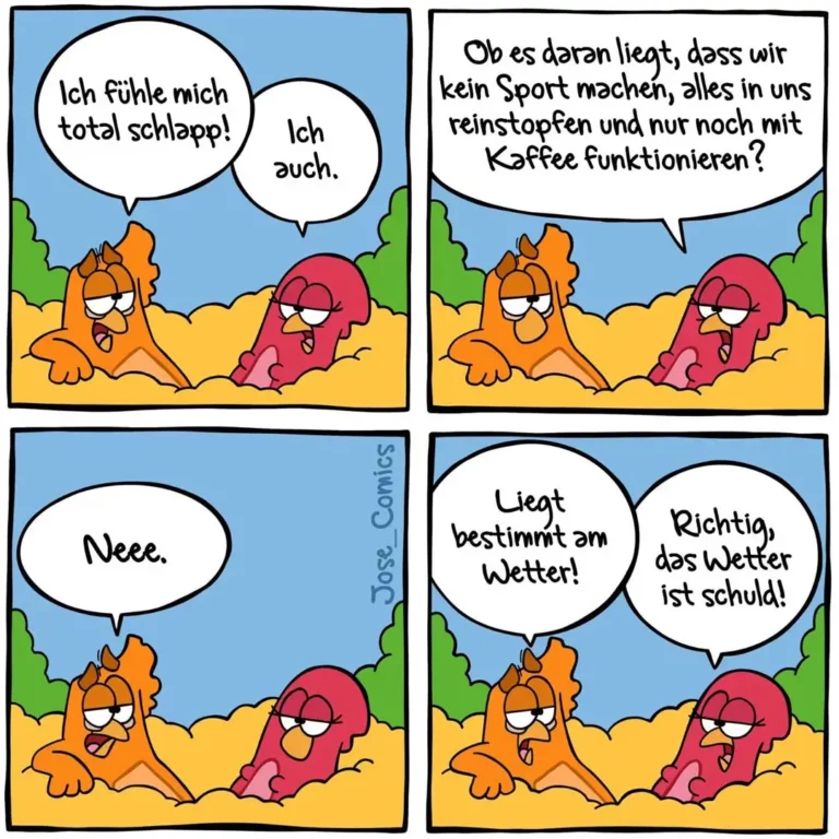 Zwei Starfische am Strand: einer erschöpft, der andere erklärt humorvoll, dass Kaffee ihre einzige Energiequelle ist