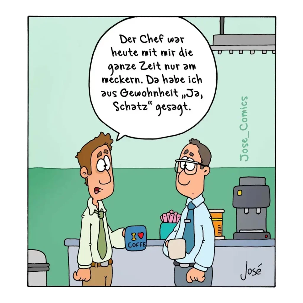 Zwei Männer in einer Büroküche: einer erzählt dem anderen eine Geschichte, während dieser Kaffee trinkt