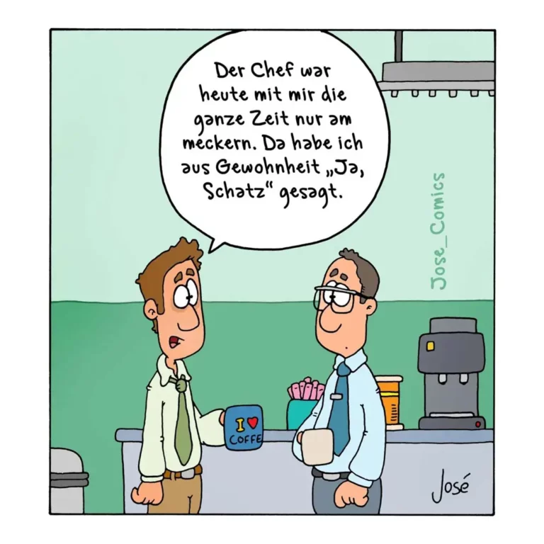 Zwei Männer in einer Büroküche: einer erzählt dem anderen eine Geschichte, während dieser Kaffee trinkt