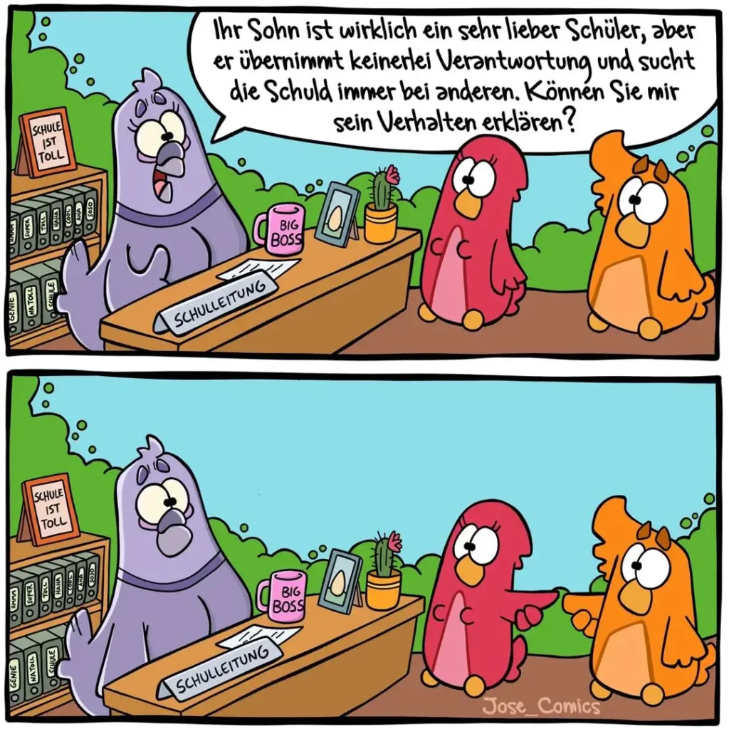 Schulrektor (lila) sitzt hinter Schreibtisch und erklärt zwei Vogeleltern das Verhalten ihres Sohnes. Im zweiten Panel zeigt der Vogel auf einen der Elternvögel.