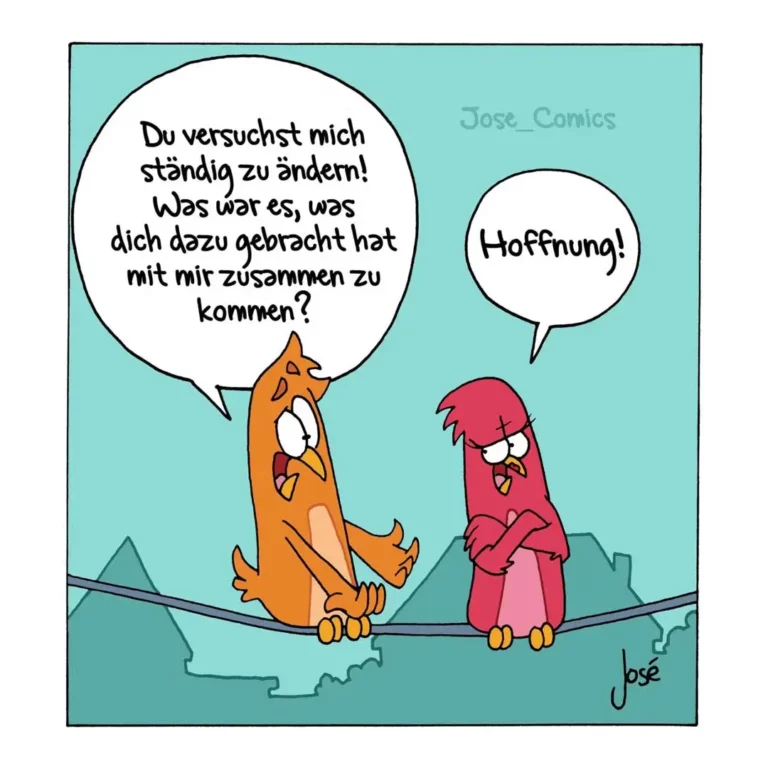 Zwei Vögel sitzen auf einem Draht: ein oranger Vogel gestikuliert aufgeregt, ein roter Vogel antwortet gelassen mit 'Hoffnung!'