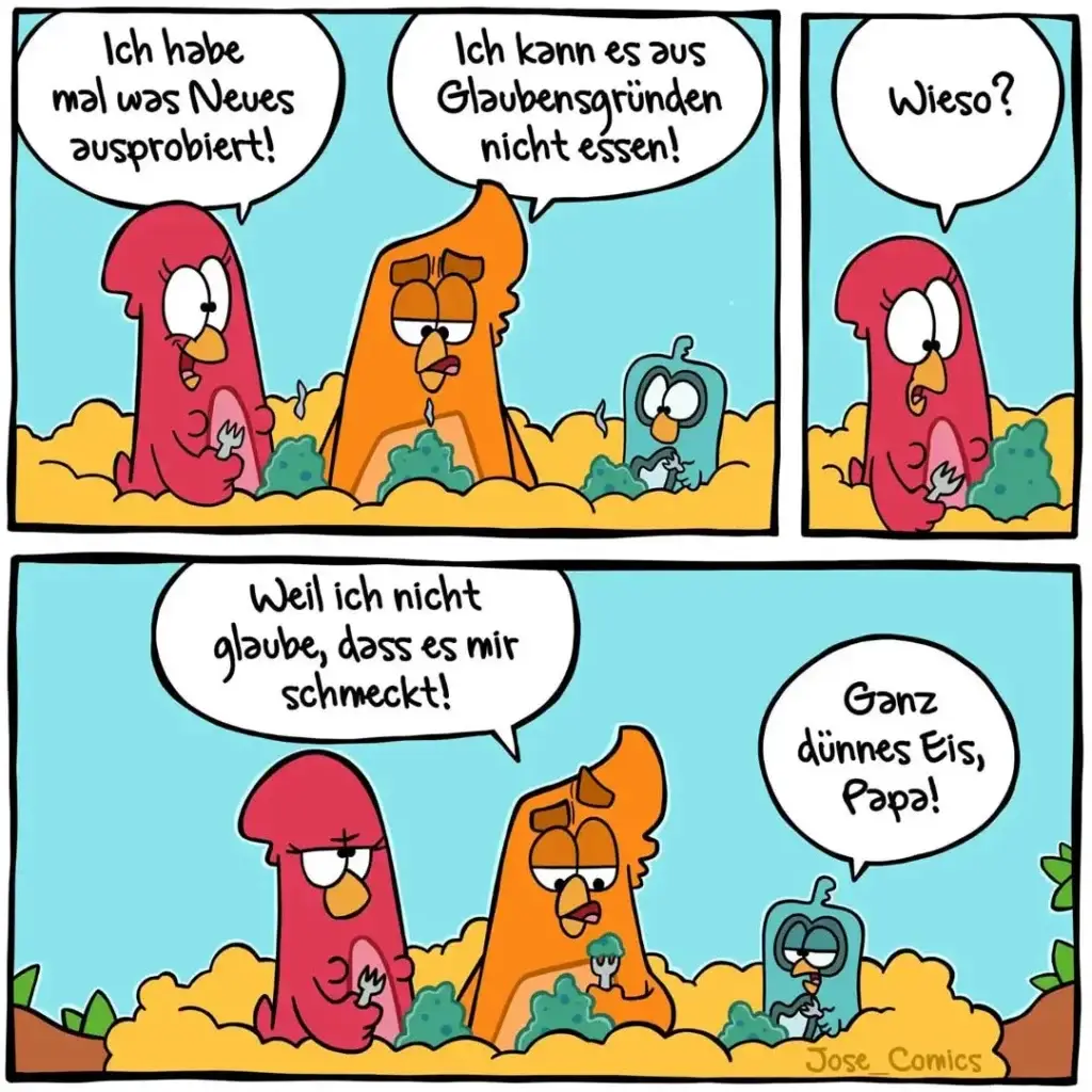 Rote und orange Cartoon-Figuren im Gespräch, grüne Figur isst Eis. Rote Figur schaut überrascht, orange erklärt etwas.