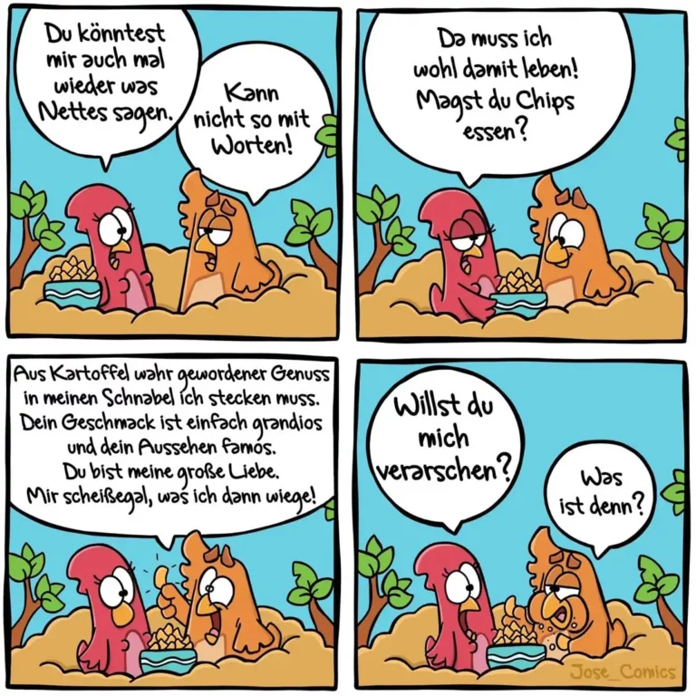 Zwei bunte Cartoon-Figuren am Strand: Die rote Figur bietet der orangen Chips an, lehnt dann aber ab und erklärt ihr verschlungenes Gefühlschaos.