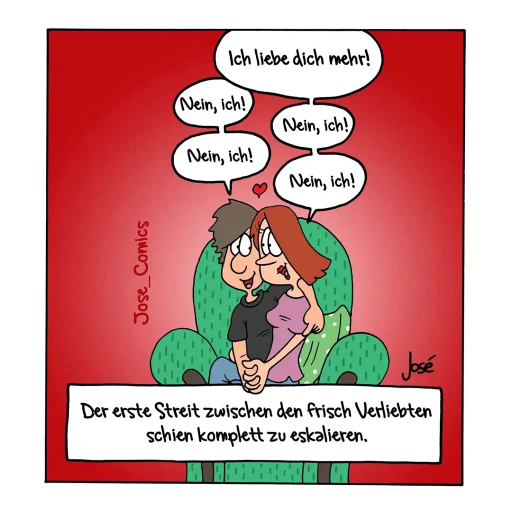 Zwei Personen sitzen sich im Busch gegenüber und streiten: eine sagt «Ich liebe dich mehr!», die andere antwortet mehrfach «Nein, ich!»