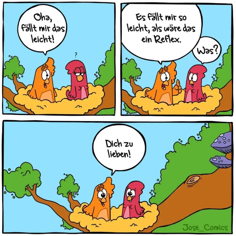 Zwei bunte Vögel im Sand: Der orange sagt «Oha, fällt mir das leicht!», der rote antwortet «Es fällt mir so leicht, als wäre das ein Reflex» und fragt verwirrt «Was?»