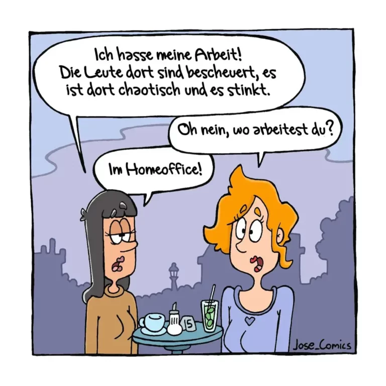 Zwei Frauen sitzen in einem Café. Die eine beschwert sich über ihre Arbeit, die andere antwortet, dass sie im Homeoffice arbeitet.