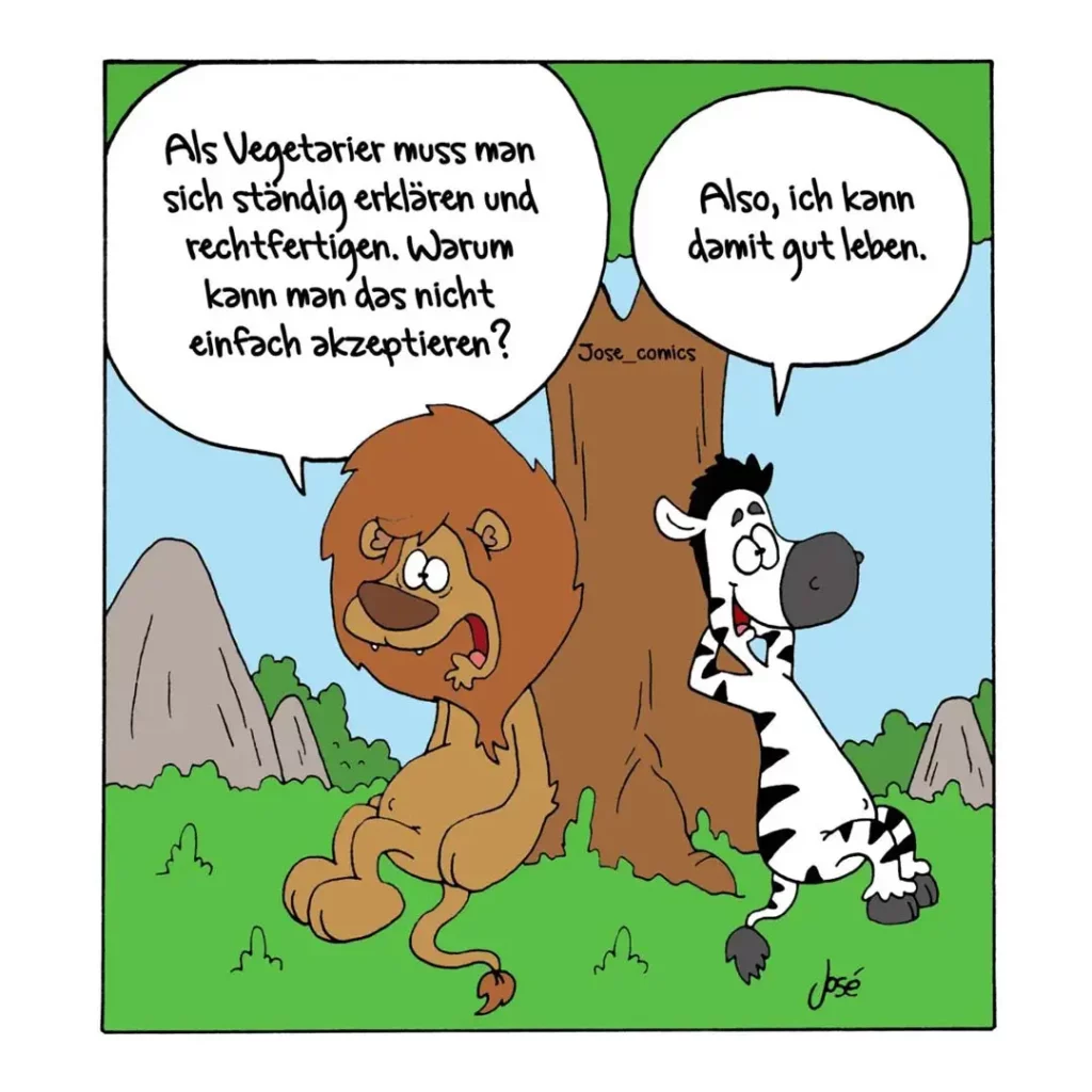 Löwe diskutiert mit Zebra über Vegetarismus: Löwe argumentiert, Zebra antwortet gelassen