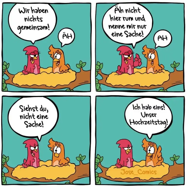 Zwei bunte Vögel sitzen auf einem Ast. Der rote Vogel sagt dem orangenen, sie hätten nichts gemeinsam, der orange antwortet dann mit einer Hochzeitsanzeige.