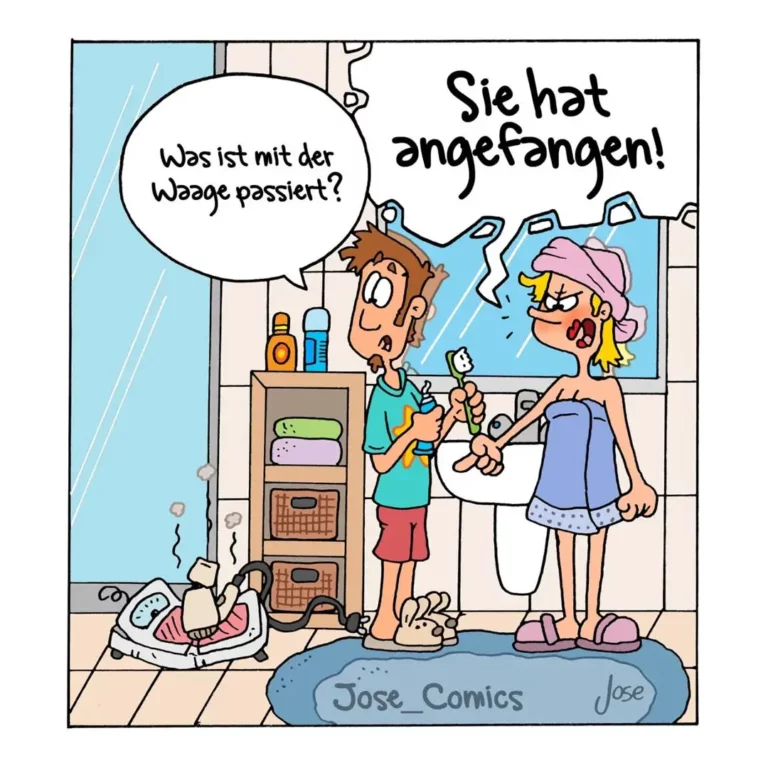 Mann im Badezimmer fragt besorgt «Was ist mit der Waage passiert?», Frau antwortet zornig «Sie hat angefangen!» – nasse Waage auf dem Boden