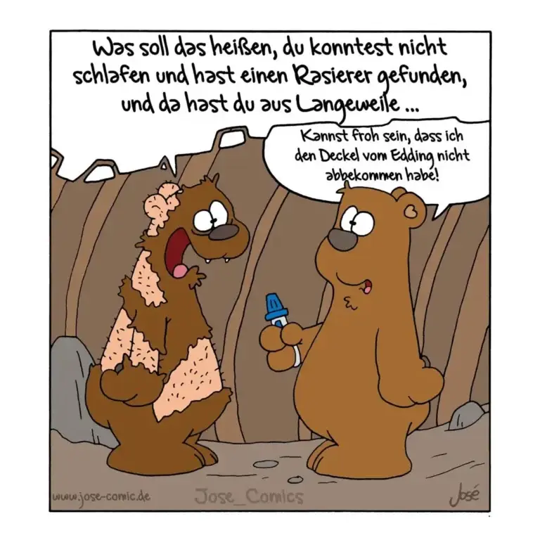 Zwei braune Bären in einer Höhle: einer mit kahlen Stellen im Fell, der andere hält einen Wecker. Sprechblasen zeigen ein Gespräch.