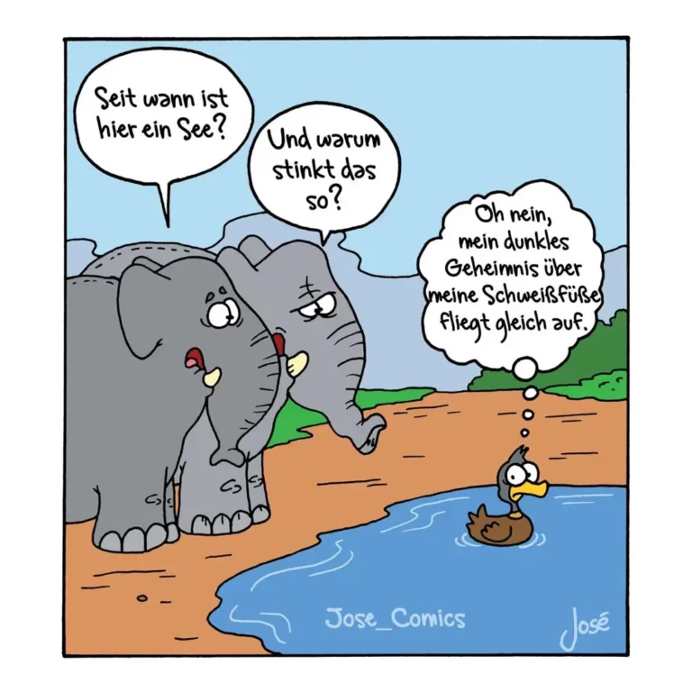 Elefant und Ente am Ufer eines Sees, Elefant fragt wann See da ist, Ente antwortet warum stinkt das
