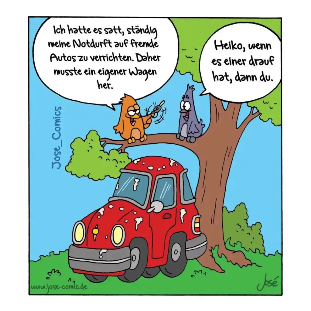 Zwei Vögel auf einem Ast oberhalb eines roten Autos mit Dellen. Der orange Vogel erklärt dem lila Vogel seine Strategie.