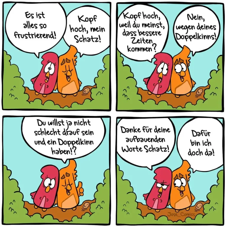 Zwei anthropomorphe Figuren sitzen nebeneinander auf einem Baumstamm. Die rote Figur wirkt niedergeschlagen, die orange Figur beruhigt sie und macht später eine aufbauende Geste.