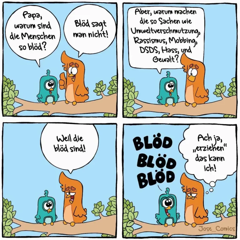 Zwei cartoon-Figuren im Dialog: Eine türkise und eine orange Figur. Die orange Figur antwortet auf jede komplexe Frage mit dem einfachen Wort 'Blöd'.