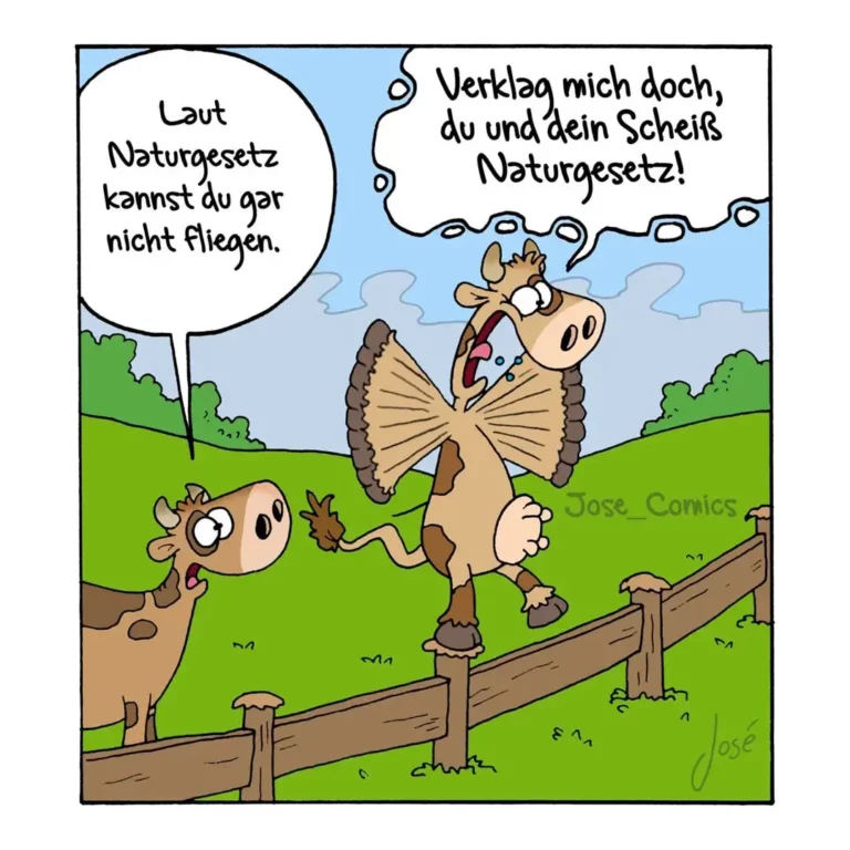 Hund mit Schmetterlingsflügeln steht auf Zaun und ruft zu anderem Hund: «Verlag mich doch, du und dein Scheiss Naturgesetz!»