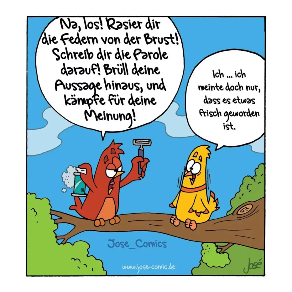 Roter Vogel mit Rasierapparat bedroht gelben Vogel und fordert ihn auf, seine Federnbrustpartie zu rasieren