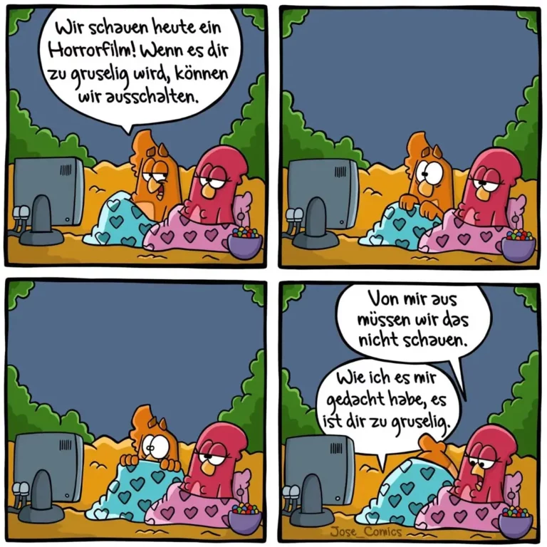 Zwei bunte Monster sitzen auf der Couch vor einem Fernseher. Das orange Monster schaut erschrocken, das rote beruhigt es und deutet auf den Bildschirm.