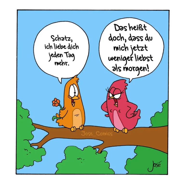 Zwei bunte Vögel sitzen auf einem Ast: Der orange Vogel hält eine Blume und sagt liebevoll etwas, der rote Vogel antwortet verärgert.