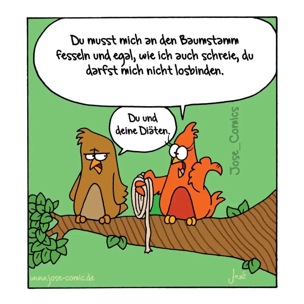 Zwei Vögel auf einem Ast: brauner Vogel mit müdem Blick spricht zu orangenem Vogel, der ein Seil hält