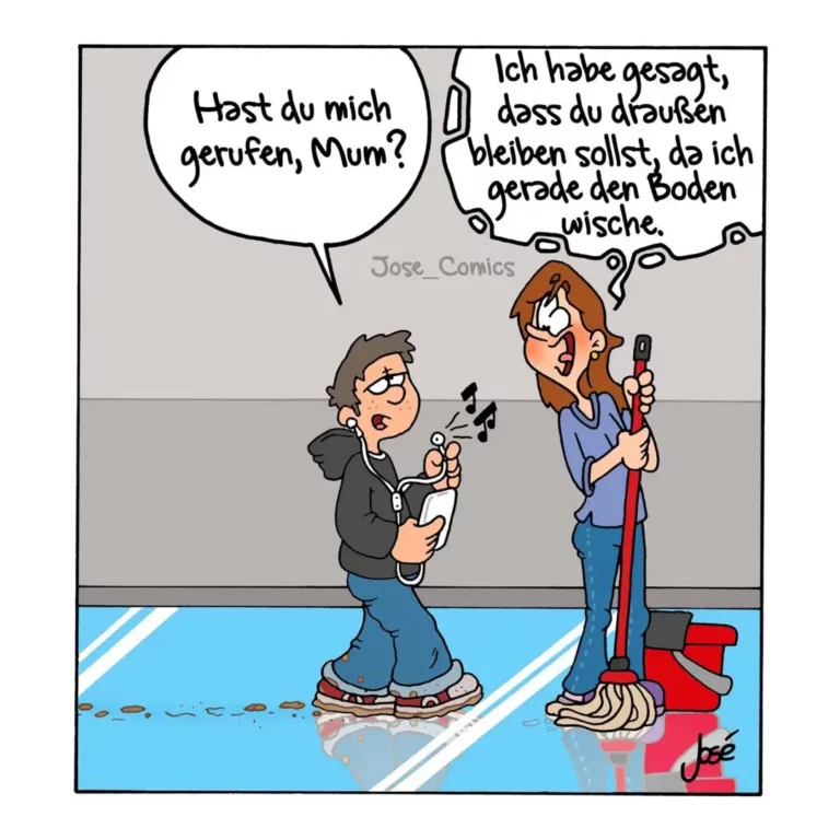 Kind mit Schlittschuhen fragt Mutter, ob es draussen bleiben darf. Mutter putzt mit Mopp den Boden und antwortet genervt.