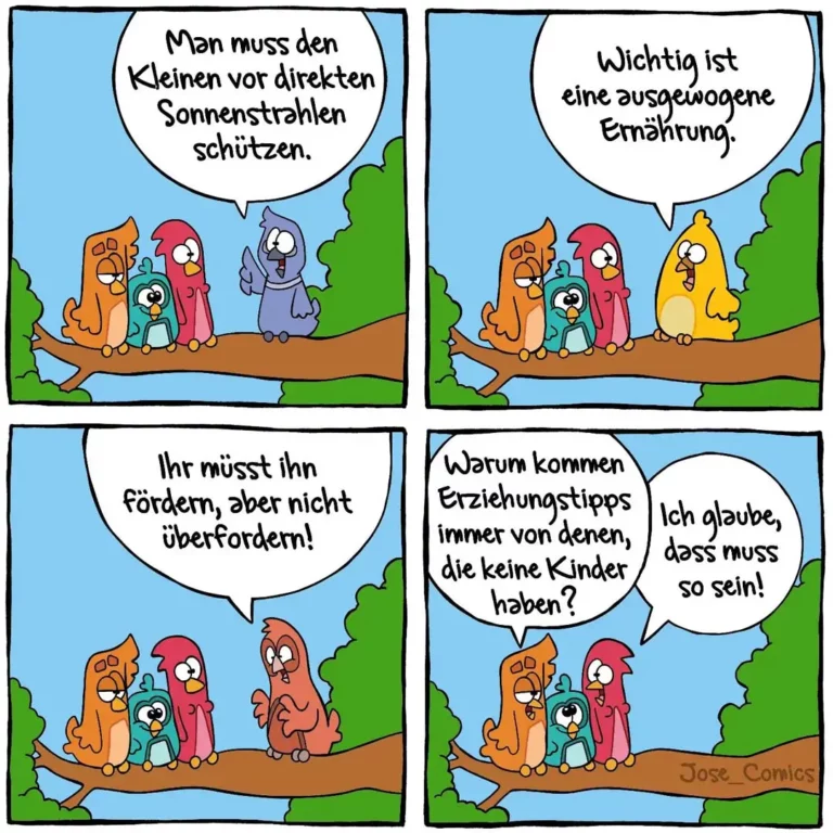 Vier-Panel-Comic: Eltern-Tiere geben sich gegenseitig Erziehungstipps, im letzten Panel sitzt ein verwirrter Vogel ratlos daneben