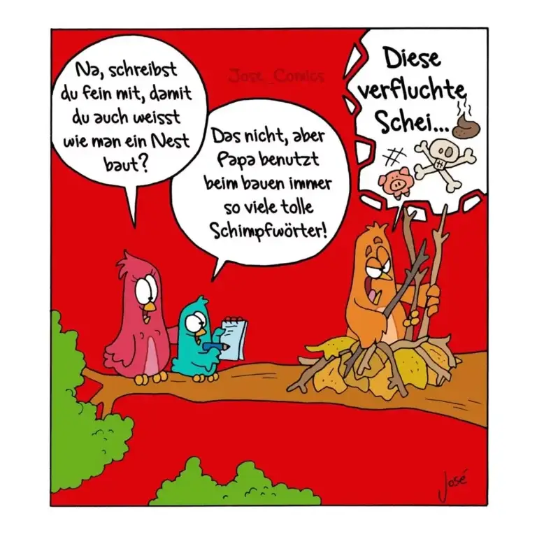 Zwei Vögel sitzen auf einem Ast. Der rote Vogel schreibt auf einem Papier, der blaue schaut zu. Rechts ein orange-brauner Vogel im Nest mit rauchender Schei, darunter fluchtende Babyvögel.