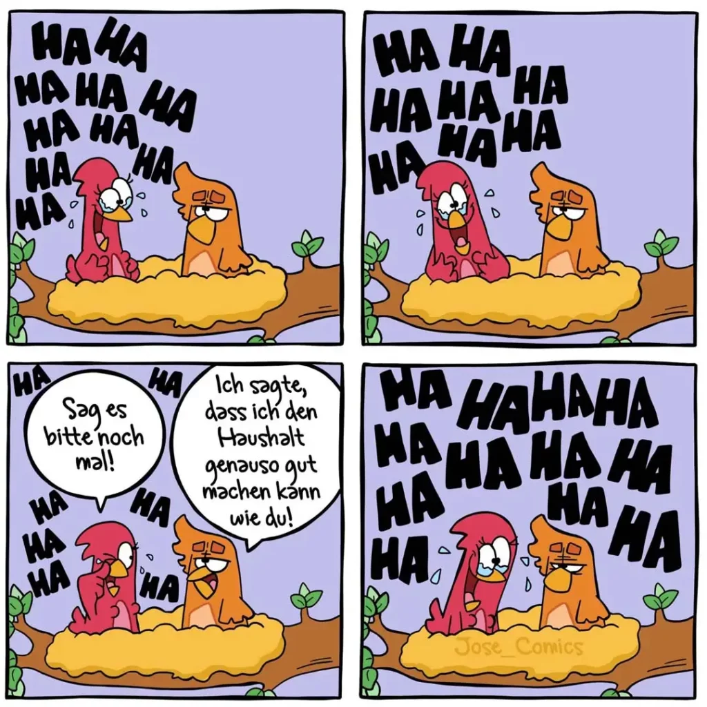 Zwei bunte Vögel sitzen auf einem Ast und lachen. Der rote Vogel wird vom orangen Vogel unterbrochen und bittet ihn, noch mal zu lachen – beide lachen dann zusammen immer lauter.