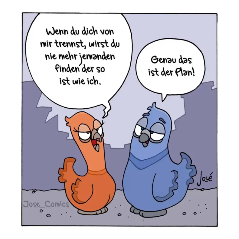 Zwei bunte Vögel im Gespräch: ein oranger Vogel spricht ernst, ein blauer Vogel antwortet selbstbewusst
