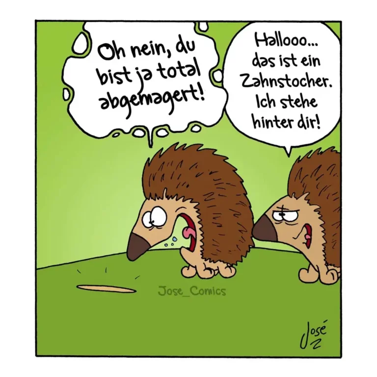 Zwei braune Hunde mit buschigen Schwänzen stehen sich gegenüber. Der linke Hund spuckt Wasser, der rechte sagt gelassen: Hallooo, das ist ein Zahnstocher.