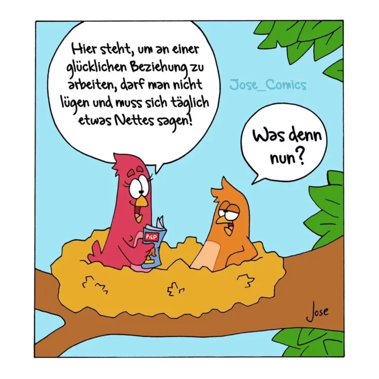 Zwei bunte Vögel sitzen in einem Loch im Boden. Der rote Vogel hält ein Buch und erklärt dem orangenen Vogel etwas über glückliche Beziehungen.