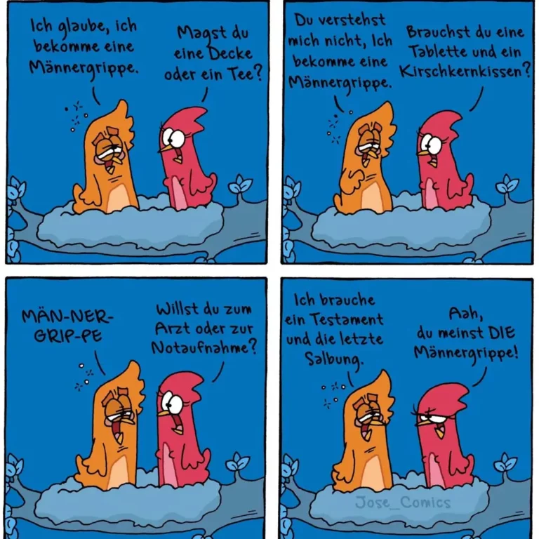 Zwei anthropomorphe Hunde im vierteiligen Comic-Strip: Der orange Hund sagt dem roten Hund, er bekomme eine Männergrippe. Der rote schlägt Decke oder Tee vor. Orange sagt, das verstehe der rote nicht – Tablette und Kirschen nötig. Orange ruft dann «Männergrippe» und fragt nach Arzt oder Notaufnahme. Im letzten Panel sagt orange, er brauche Testament und letzte Salbung, der rote antwortet trocken: «Ach, du meinst die Männergrippe!»