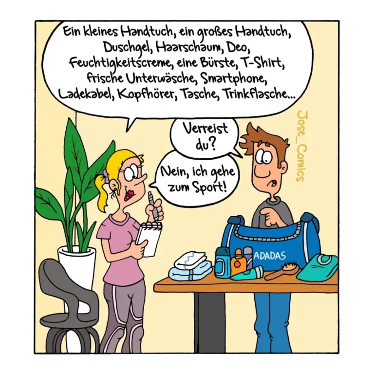 Frau mit Checkliste zählt lange Liste auf (Handtuch, Duschgel, Smartphone etc.), Mann mit Sporttasche am Tresen schaut verwirrt und sagt «Verreist du?», Frau antwortet «Nein, ich gehe zum Sport!»