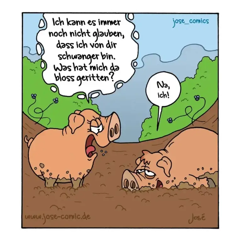 Schwangere Sau spricht zu Hund in Schlammloch: «Ich kann es immer noch nicht glauben, dass ich von dir schwanger bin.» Hund antwortet: «Na, ich!»