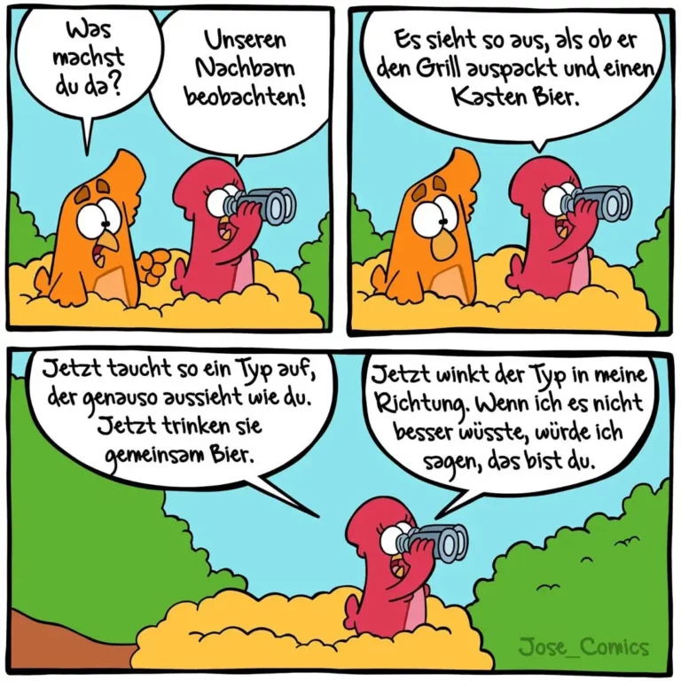 Zwei bunte Figuren beobachten einen Nachbarn am Grill; rote Figur schaut durch Fernglas und berichtet, was sie sieht