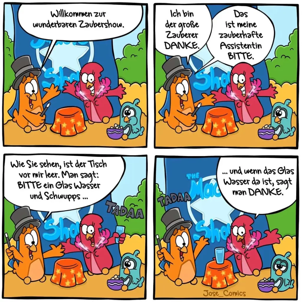 Vier-Panel-Comic: Zauberer mit Zylinder präsentiert Zaubershow, seine Assistentin führt Tricks auf, dann verschwindet ein Glas Wasser – und wird wieder materialisiert.