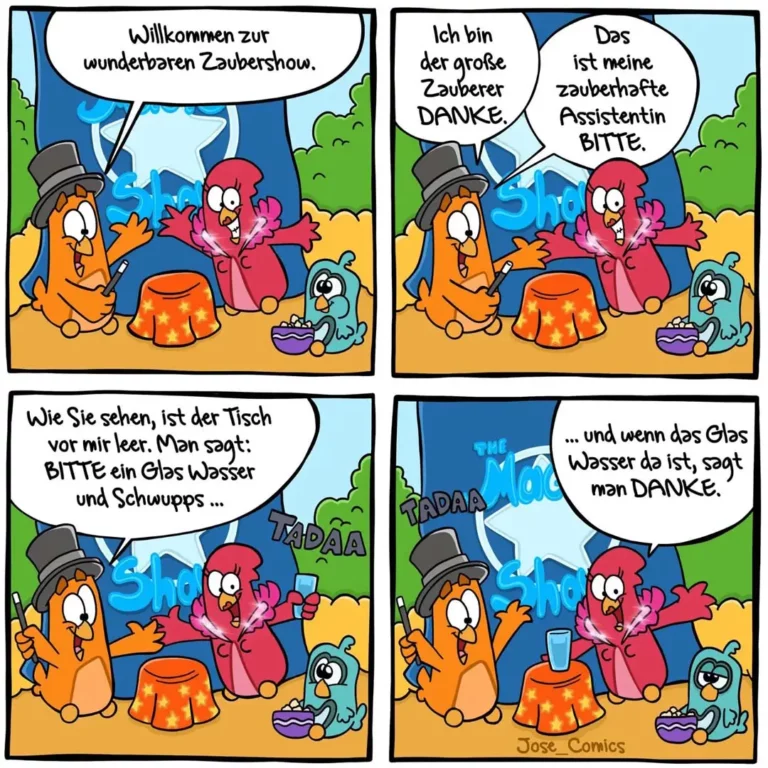 Vier-Panel-Comic: Zauberer mit Zylinder präsentiert Zaubershow, seine Assistentin führt Tricks auf, dann verschwindet ein Glas Wasser – und wird wieder materialisiert.