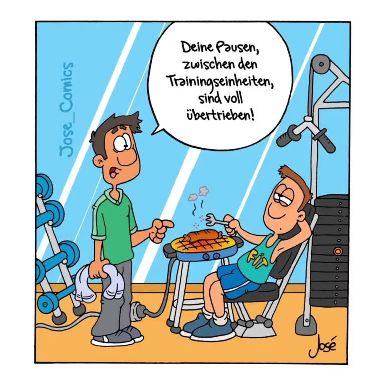 Zwei Männer im Fitnessstudio: einer trainiert an Geräten, der andere sitzt entspannt beim Grillen und sagt, seine Pausen seien völlig überbelastet