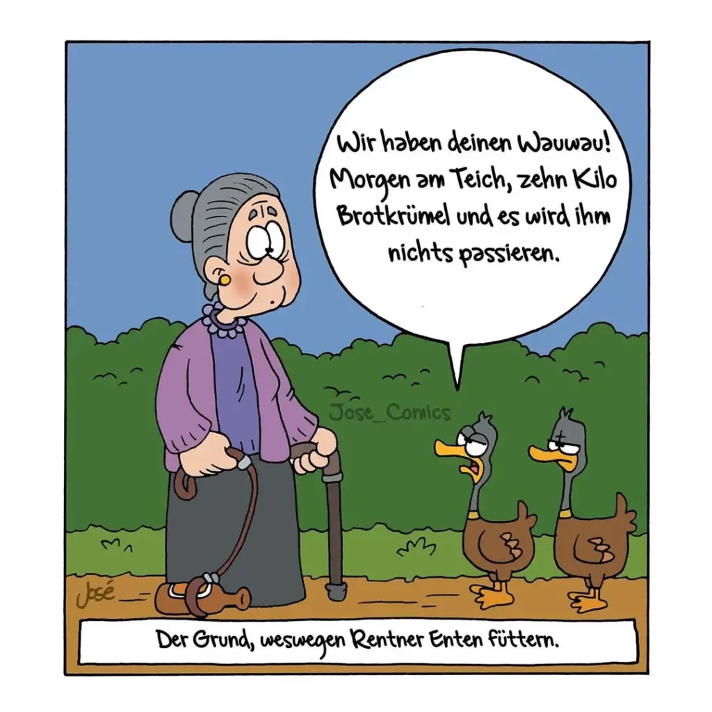 Ältere Frau mit Gehstock und zwei Enten an der Leine, die Enten schauen sie an während sie spricht