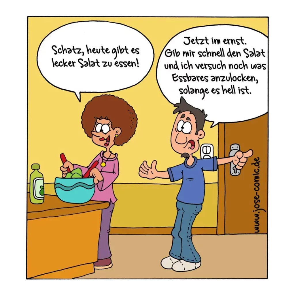 Frau in Küche hält Salatschüssel, Mann deutet auf offene Tür und gestikuliert wild