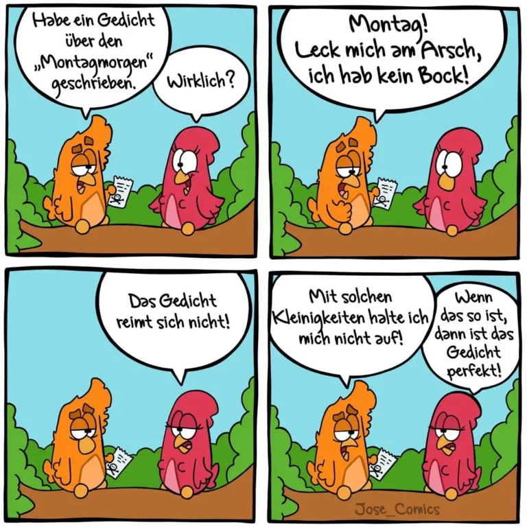 Zwei bunte Vogelcharaktere in vier Panels: Orange und rot gefiedert, diskutieren über ein Gedicht zum Montagmorgen