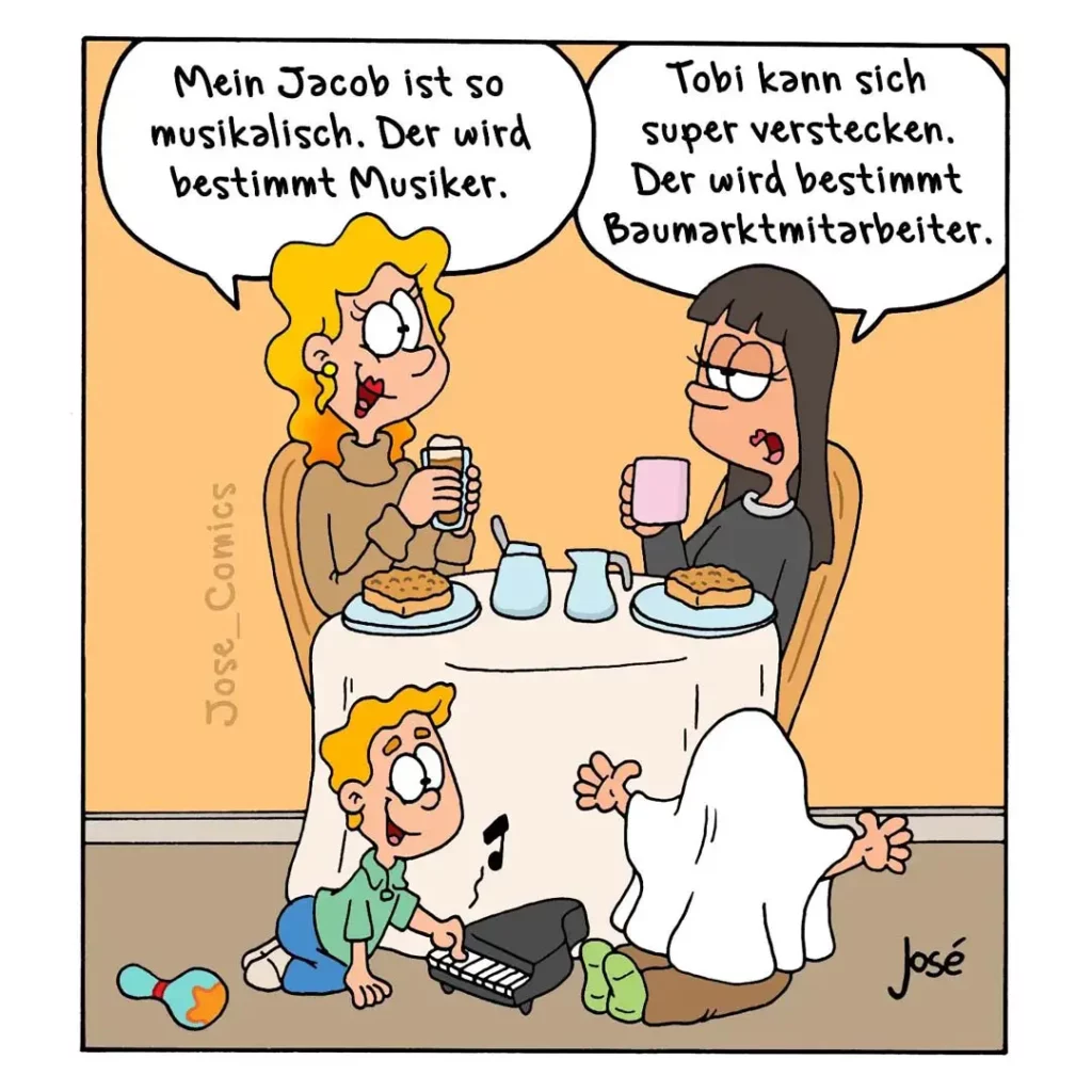 Kind spielt Keyboard unter dem Tisch, während zwei Frauen am Tisch sitzen und Kaffee trinken