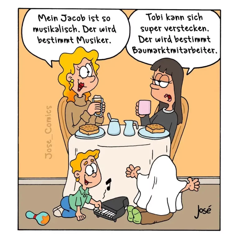 Kind spielt Keyboard unter dem Tisch, während zwei Frauen am Tisch sitzen und Kaffee trinken
