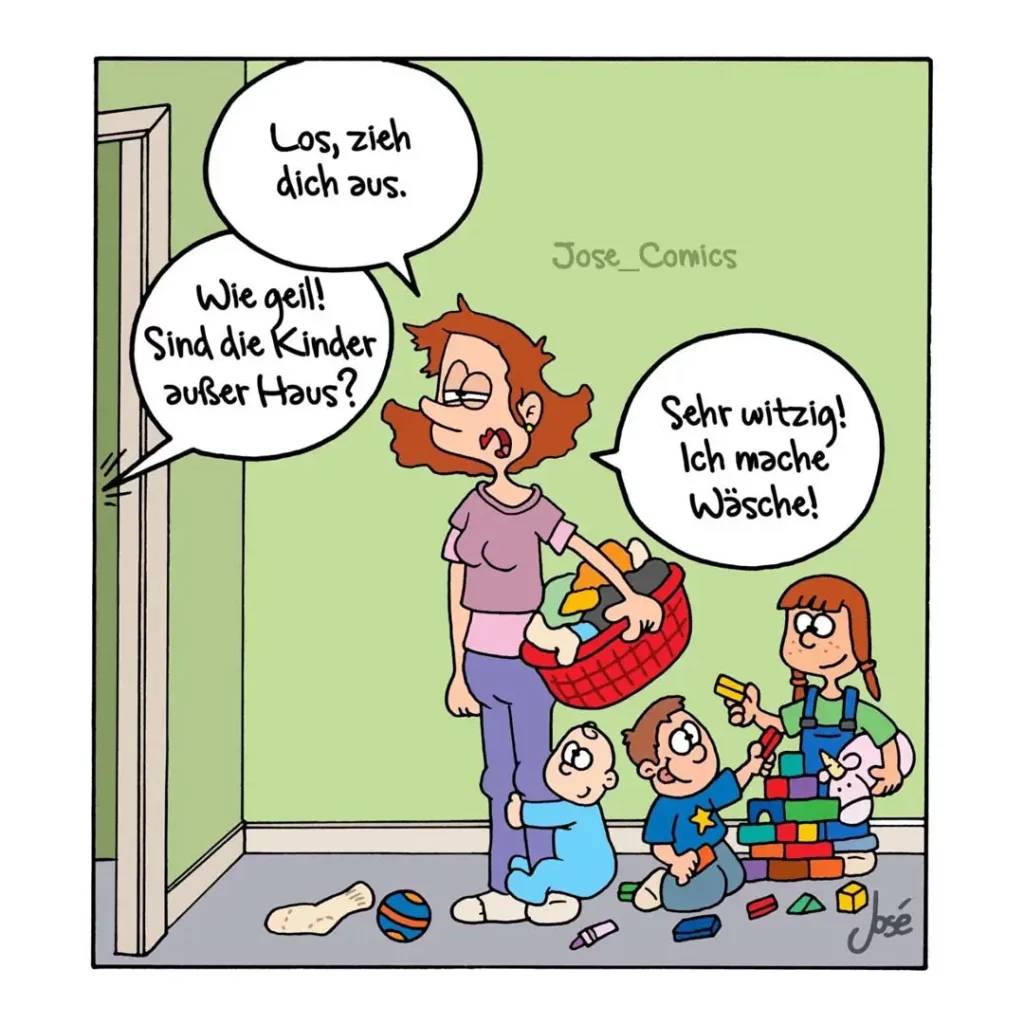 Mutter mit Wäschekorb steht vor Hund an der Tür. Hund sagt «Los, zieh dich aus.» Mutter antwortet überrascht. Kinder spielen mit Spielzeug im Zimmer.