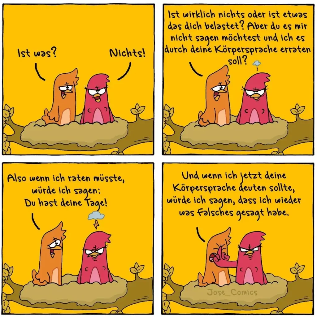 Zwei bunte Vögel im Gespräch: Der orange Vogel fragt den roten, was ihn belastet. Der rote Vogel erklärt per Körpersprache, was dem orange Vogel nicht gefällt.