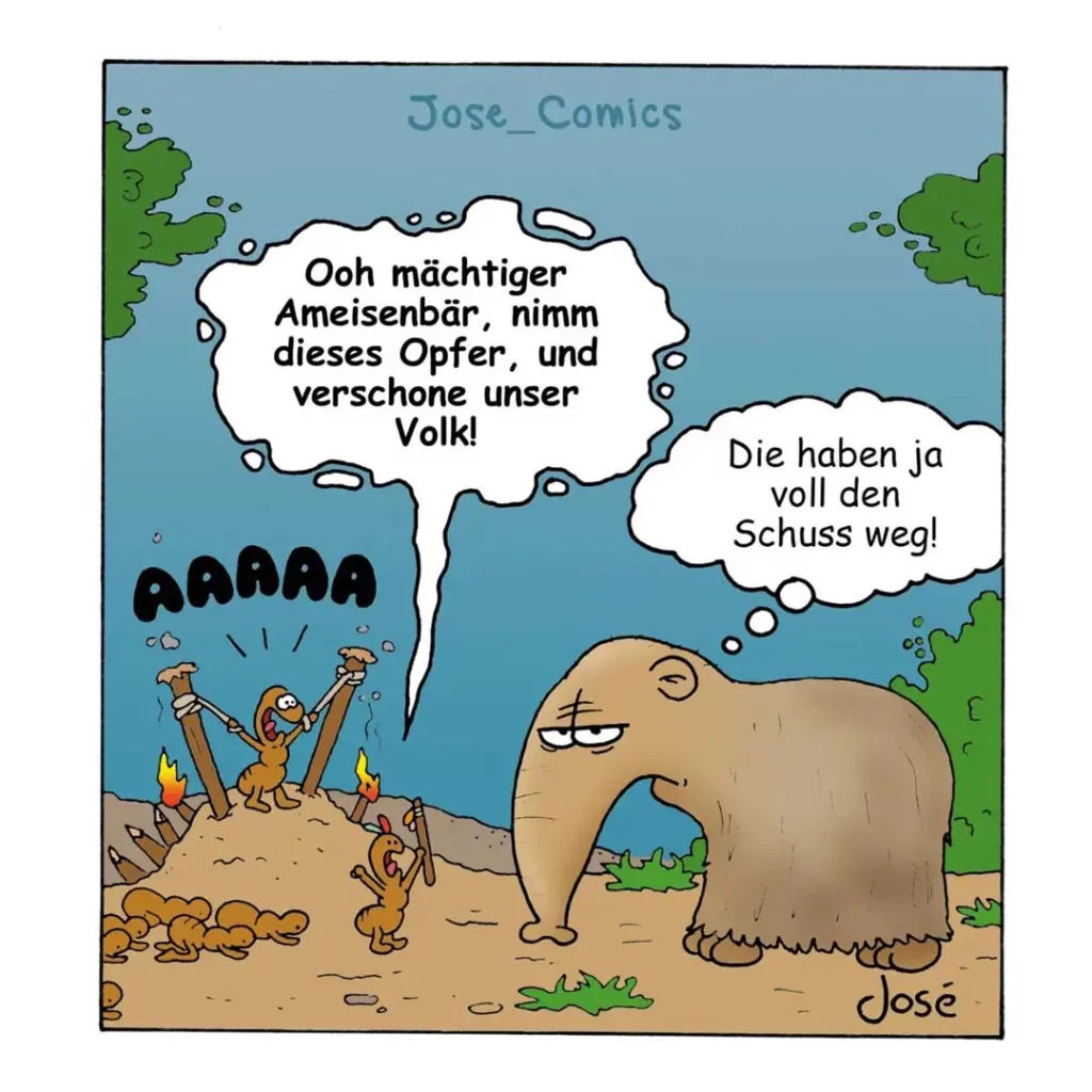 Elefant schaut desinteressiert auf eine Gruppe von Ameisen um ein Feuer herum, die ihre Arme triumphierend hochreissen