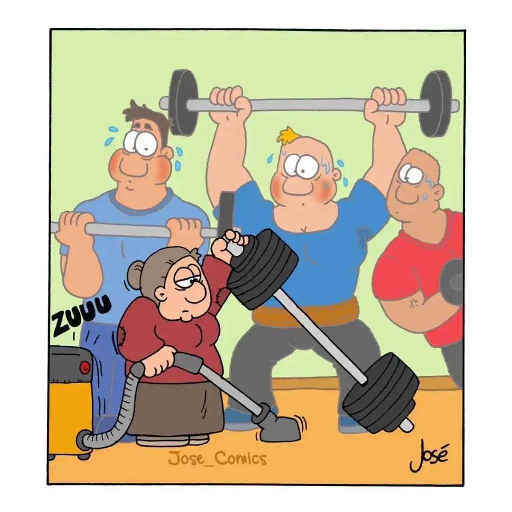 Ältere Frau sitzt an Staubsauger in Fitnessstudio, während muskulöse Männer mit Hanteln trainieren