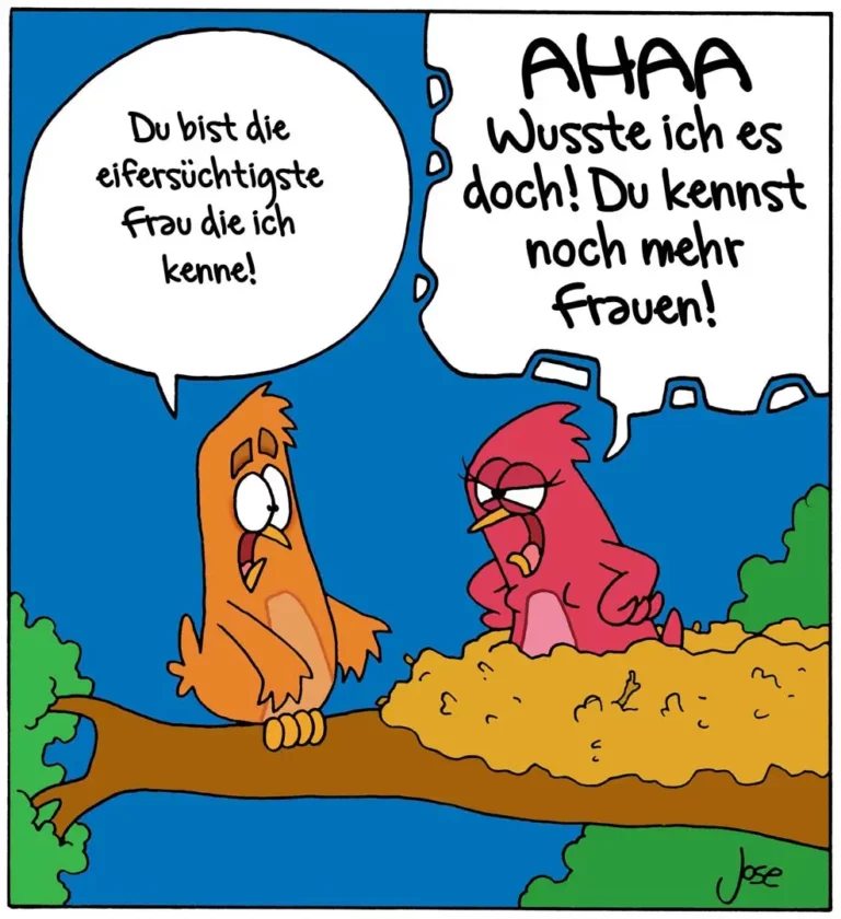 Orangener Vogel sitzt auf Ast und spricht zu rotem Vogel auf Baumstamm, beide gestikulieren lebhaft