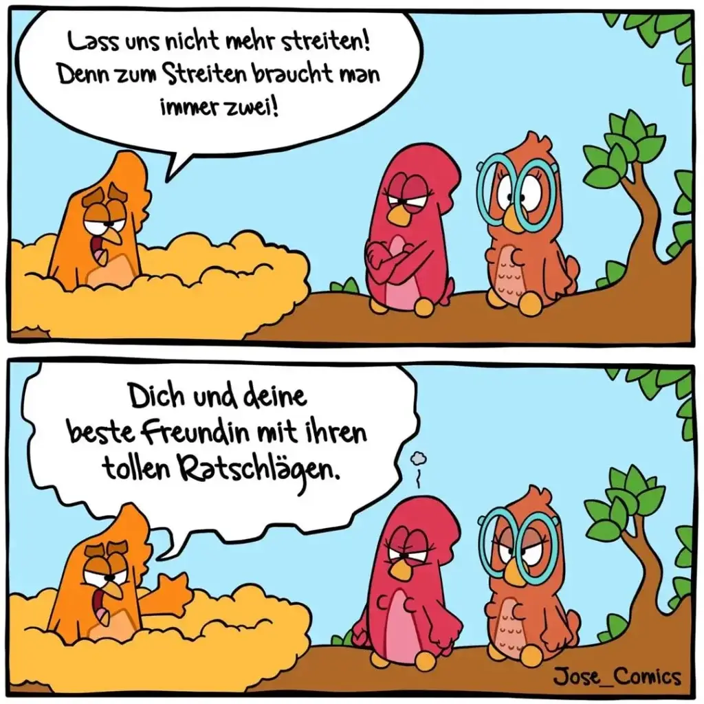 Vier anthropomorphe Tiere sitzen zusammen. Das orange Tier sagt, man brauche immer zwei zum Streiten. Die anderen drei schauen sich an.