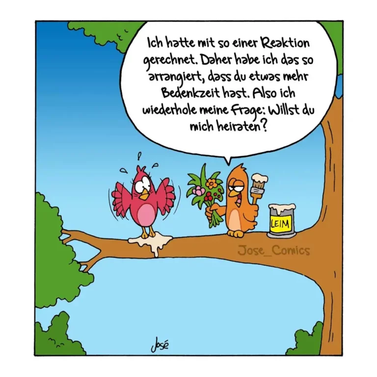 Rotes Huhn sitzt auf Ast und spricht zu orangefarbenem Hund mit Leckerlis und Leim-Dose